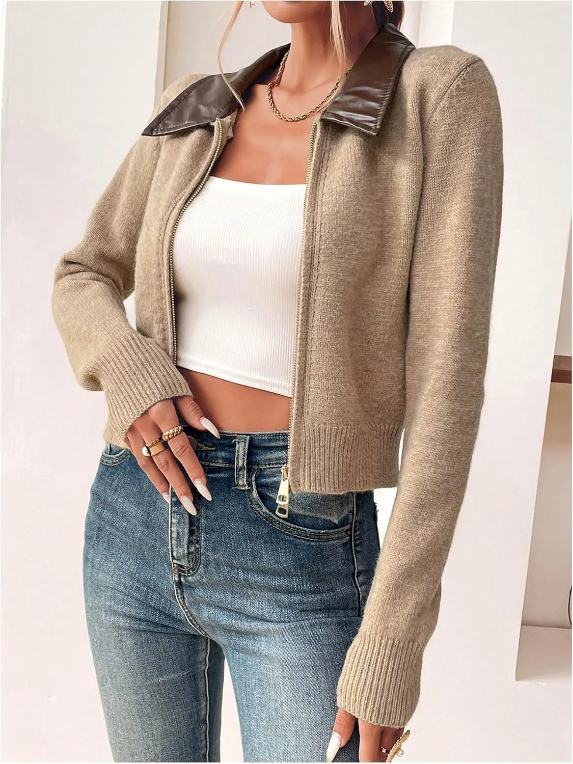 MakeMeChic Women's Long Sleeve Lapel Knit Cardigan Zip Up Slim Fit Collared Sweater