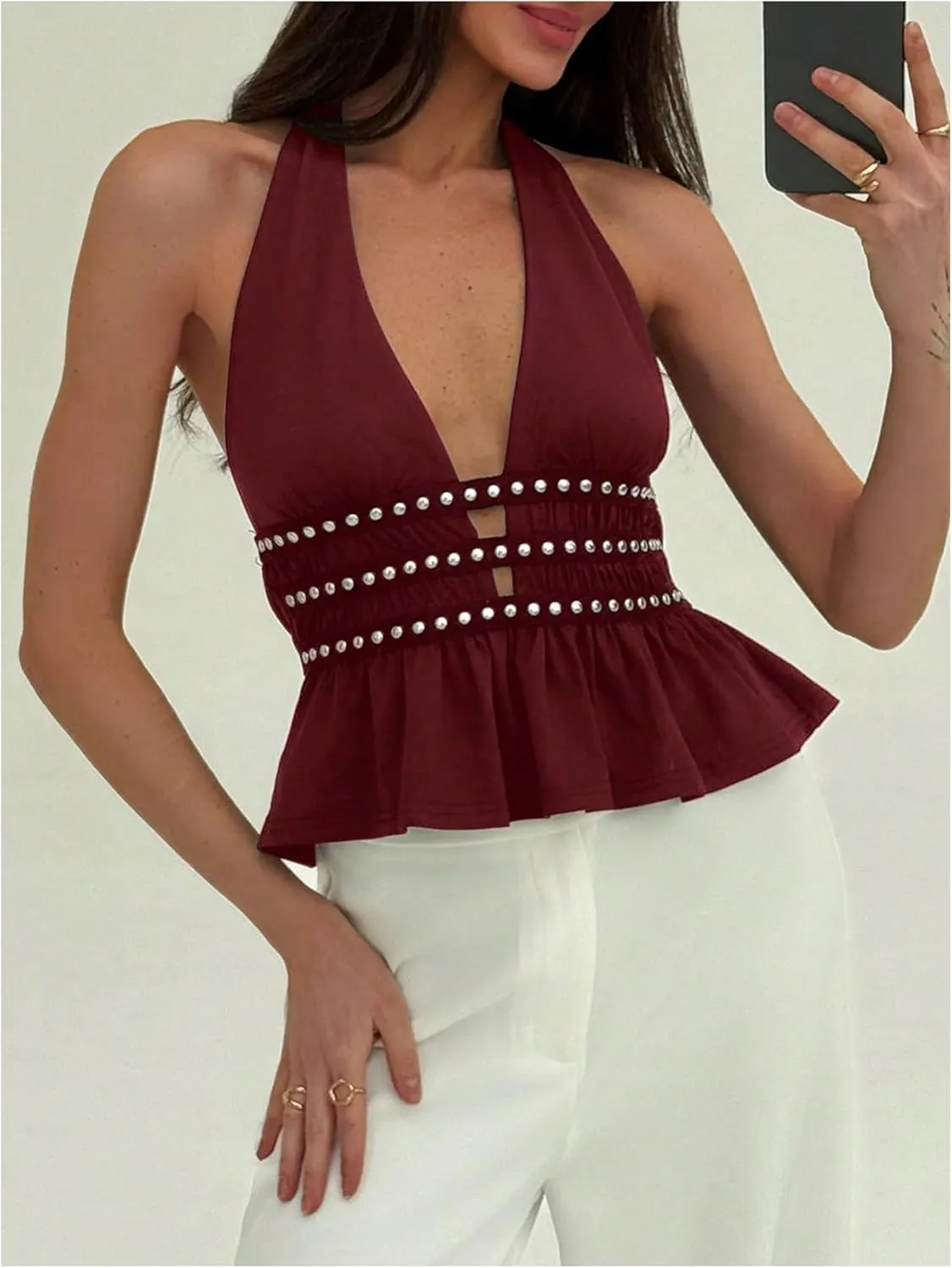 MakeMeChic Women's Metal Halter Tops Open Back Ruffle Hem Sleeveless Tank Clubwear