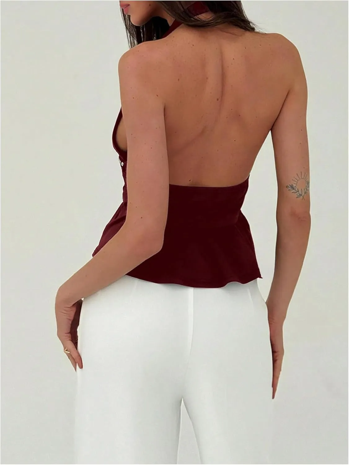 MakeMeChic Women's Metal Halter Tops Open Back Ruffle Hem Sleeveless Tank Clubwear