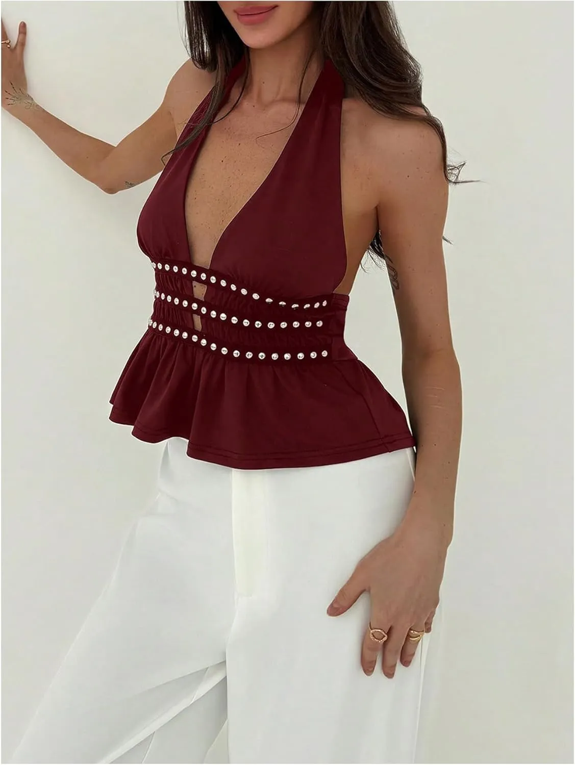 MakeMeChic Women's Metal Halter Tops Open Back Ruffle Hem Sleeveless Tank Clubwear