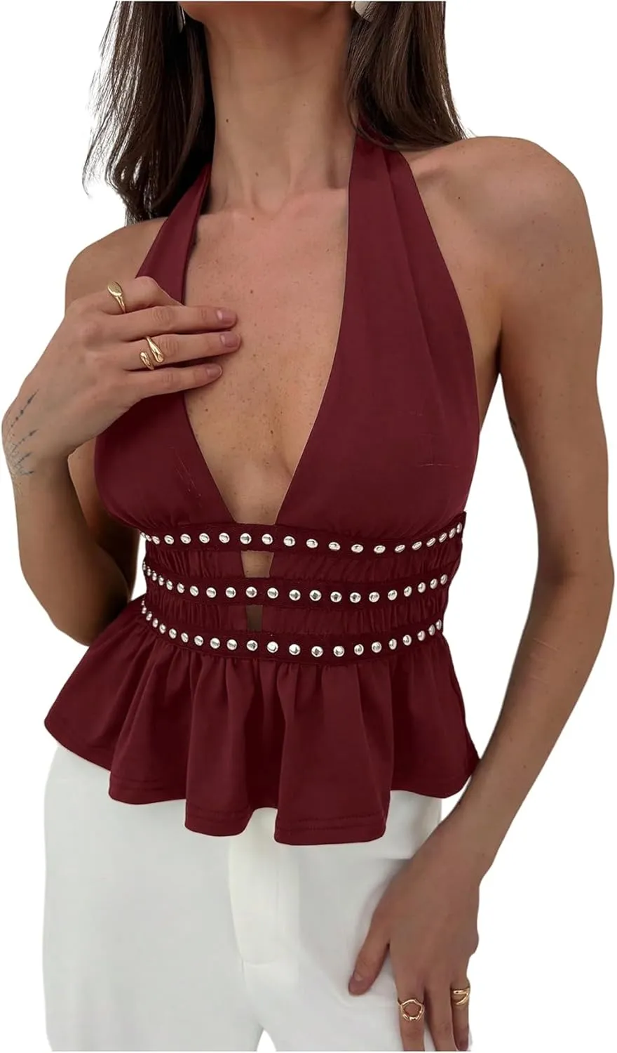 MakeMeChic Women's Metal Halter Tops Open Back Ruffle Hem Sleeveless Tank Clubwear
