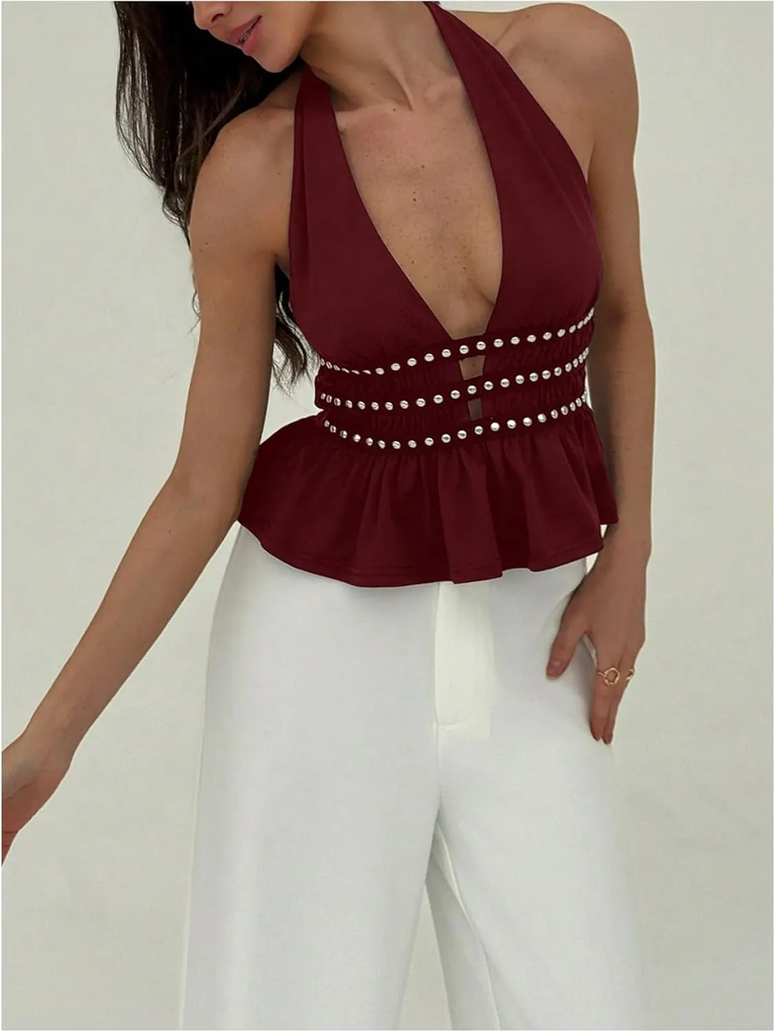 MakeMeChic Women's Metal Halter Tops Open Back Ruffle Hem Sleeveless Tank Clubwear