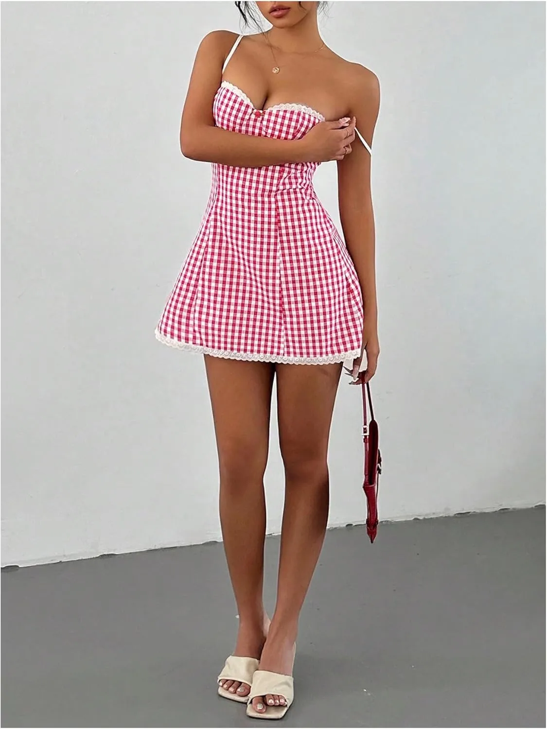 MakeMeChic Women's Plaid Gingham Lace Cami Dress Sleeveless Going Out Mini Dresses Sundress