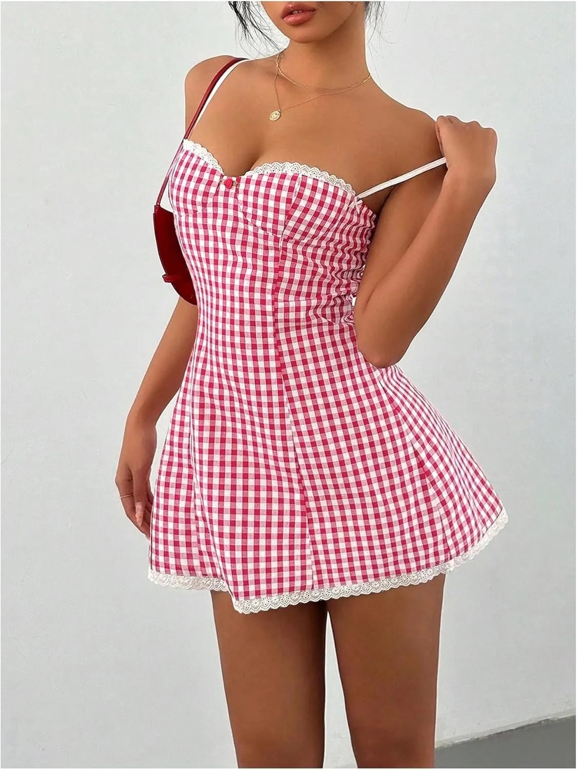 MakeMeChic Women's Plaid Gingham Lace Cami Dress Sleeveless Going Out Mini Dresses Sundress