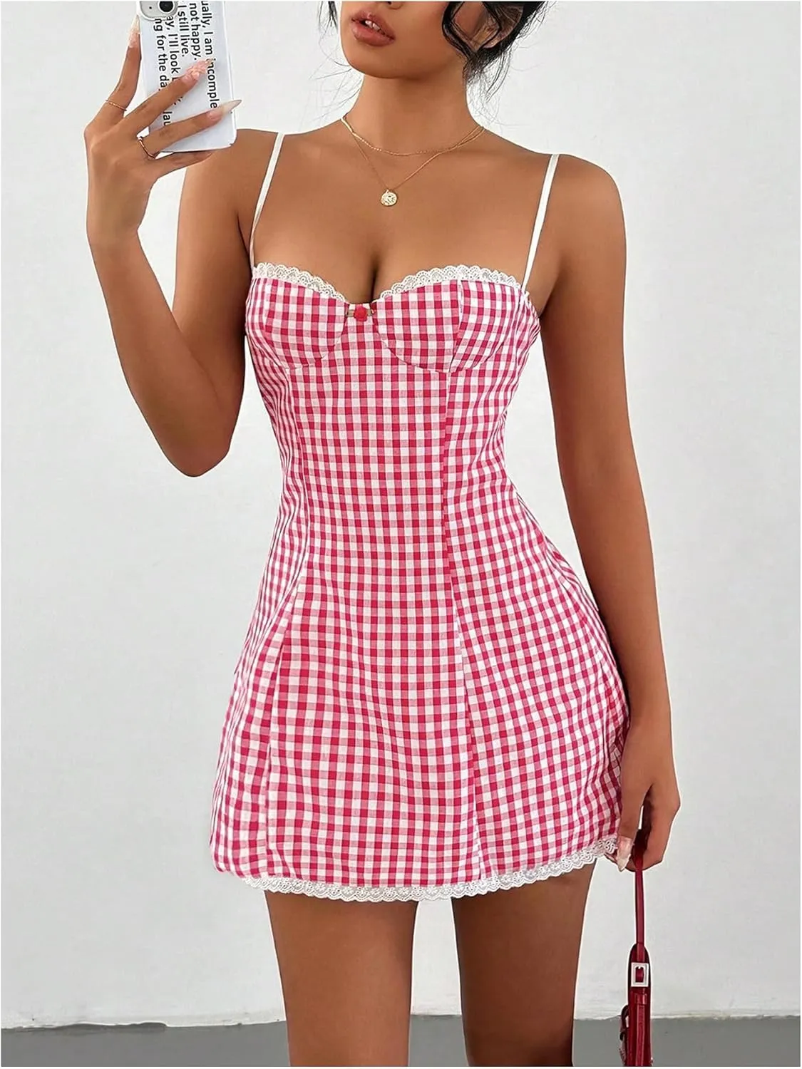 MakeMeChic Women's Plaid Gingham Lace Cami Dress Sleeveless Going Out Mini Dresses Sundress