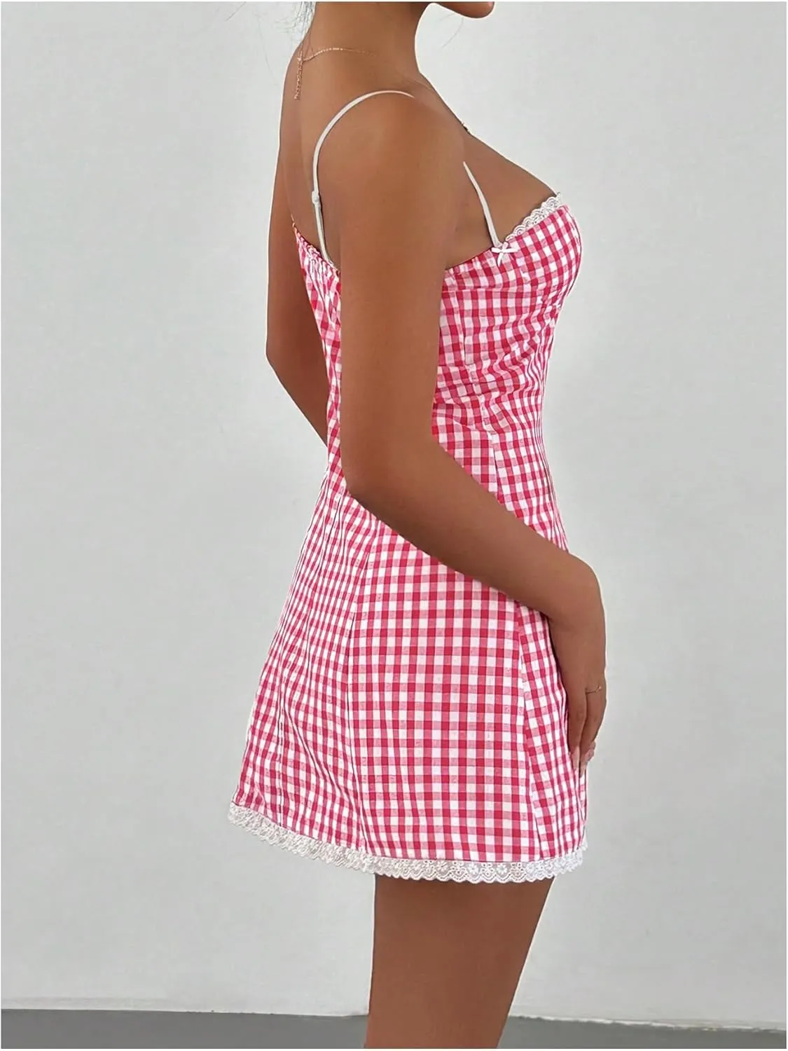 MakeMeChic Women's Plaid Gingham Lace Cami Dress Sleeveless Going Out Mini Dresses Sundress