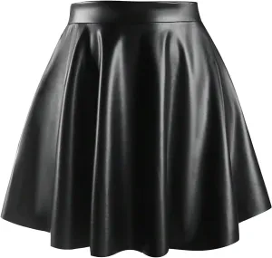 MakeMeChic Women's Plus Size Pleated Leather Mini Skirt High Waist A Line Skater PU Leather Short Skirt