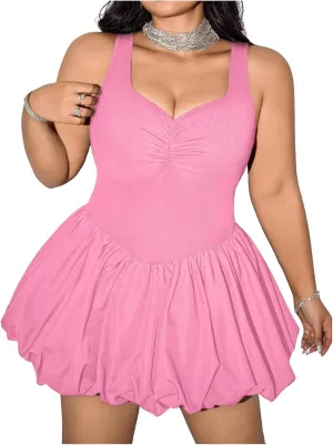 MakeMeChic Women's Plus Size Sleeveless Bubble Dress Ruched Rib Knitted A Line Mini Dresses
