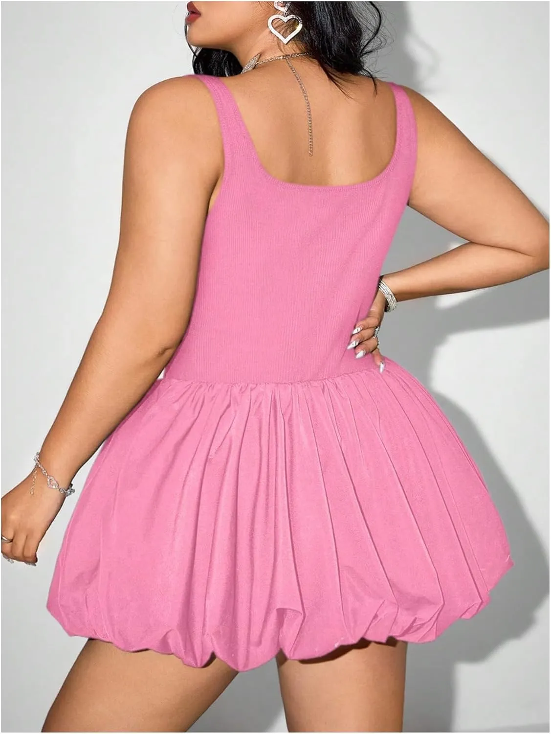 MakeMeChic Women's Plus Size Sleeveless Bubble Dress Ruched Rib Knitted A Line Mini Dresses