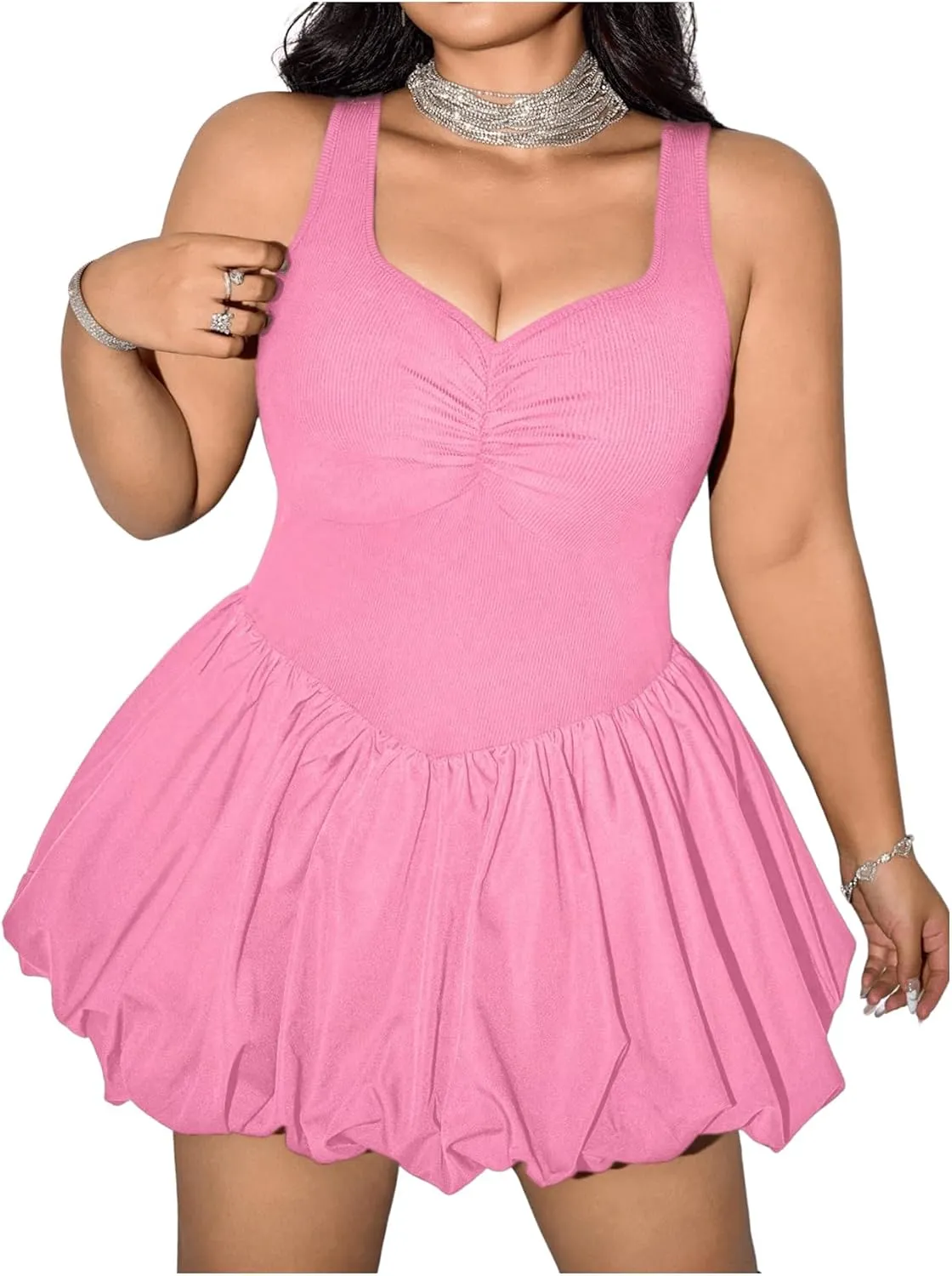 MakeMeChic Women's Plus Size Sleeveless Bubble Dress Ruched Rib Knitted A Line Mini Dresses