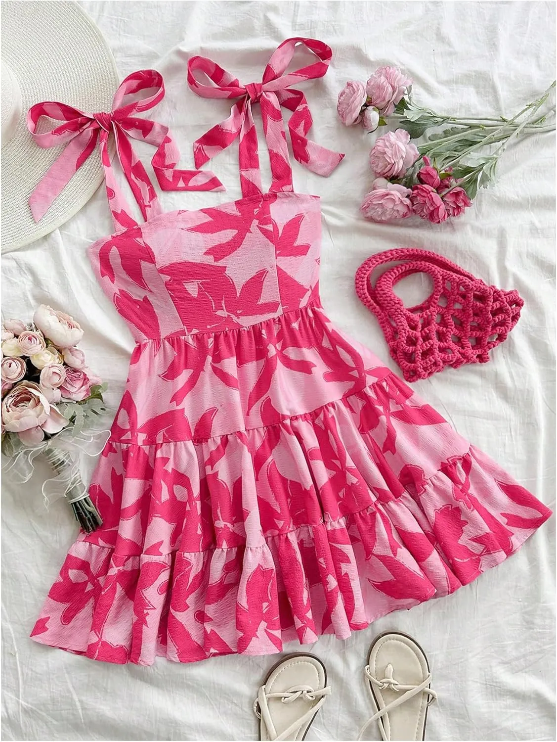 MakeMeChic Women's Printed Tie Shoulder Mini Dress Shirred Flared Hem Boho Summer Dresses