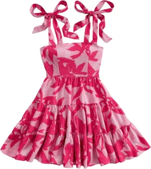MakeMeChic Women's Printed Tie Shoulder Mini Dress Shirred Flared Hem Boho Summer Dresses