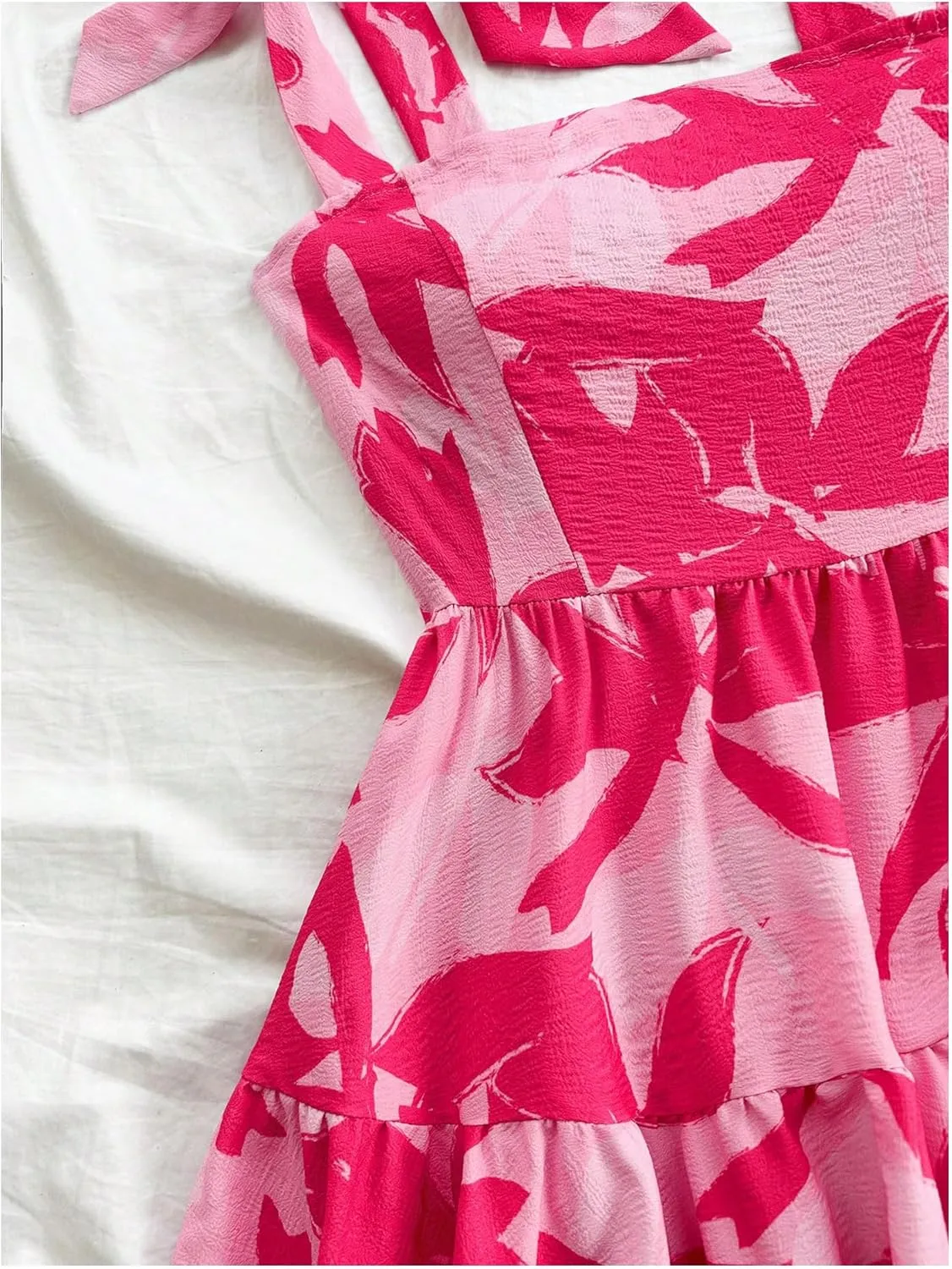 MakeMeChic Women's Printed Tie Shoulder Mini Dress Shirred Flared Hem Boho Summer Dresses