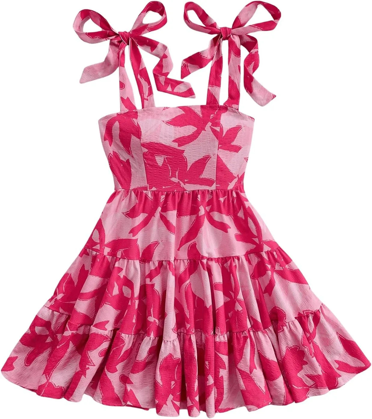 MakeMeChic Women's Printed Tie Shoulder Mini Dress Shirred Flared Hem Boho Summer Dresses