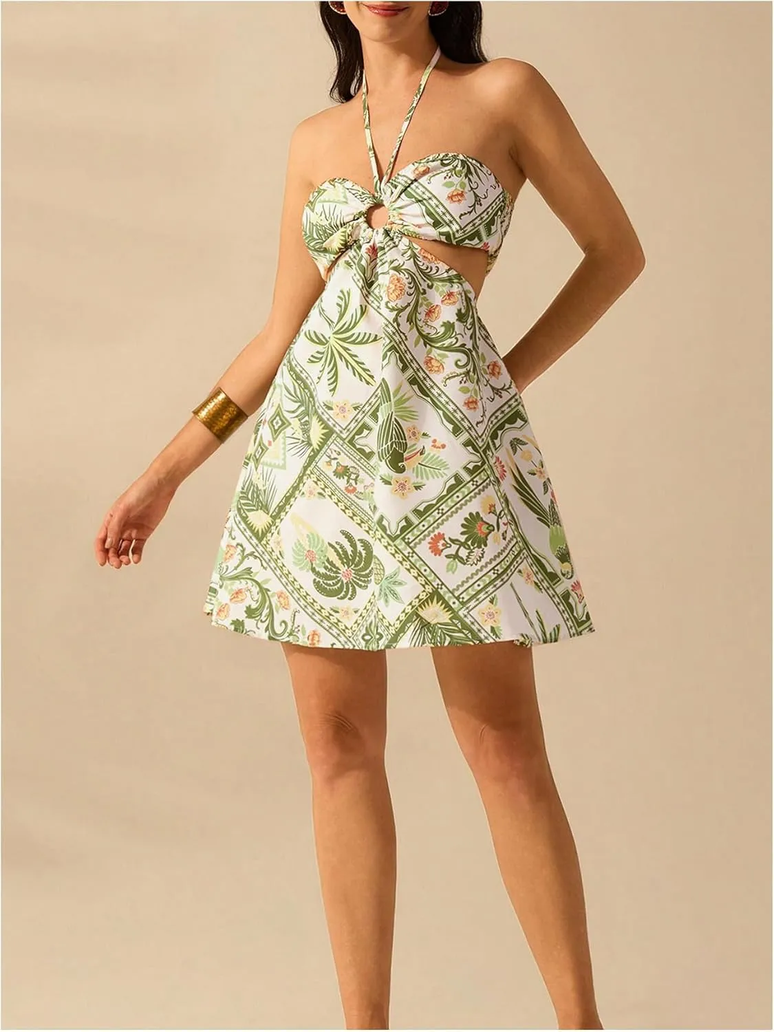 MakeMeChic Women's Summer Tropical Print Mini Dress Sundress 2025 Halter Backless Cut Out Short Dresses