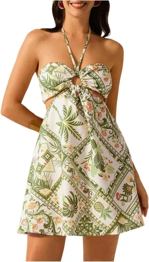MakeMeChic Women's Summer Tropical Print Mini Dress Sundress 2025 Halter Backless Cut Out Short Dresses