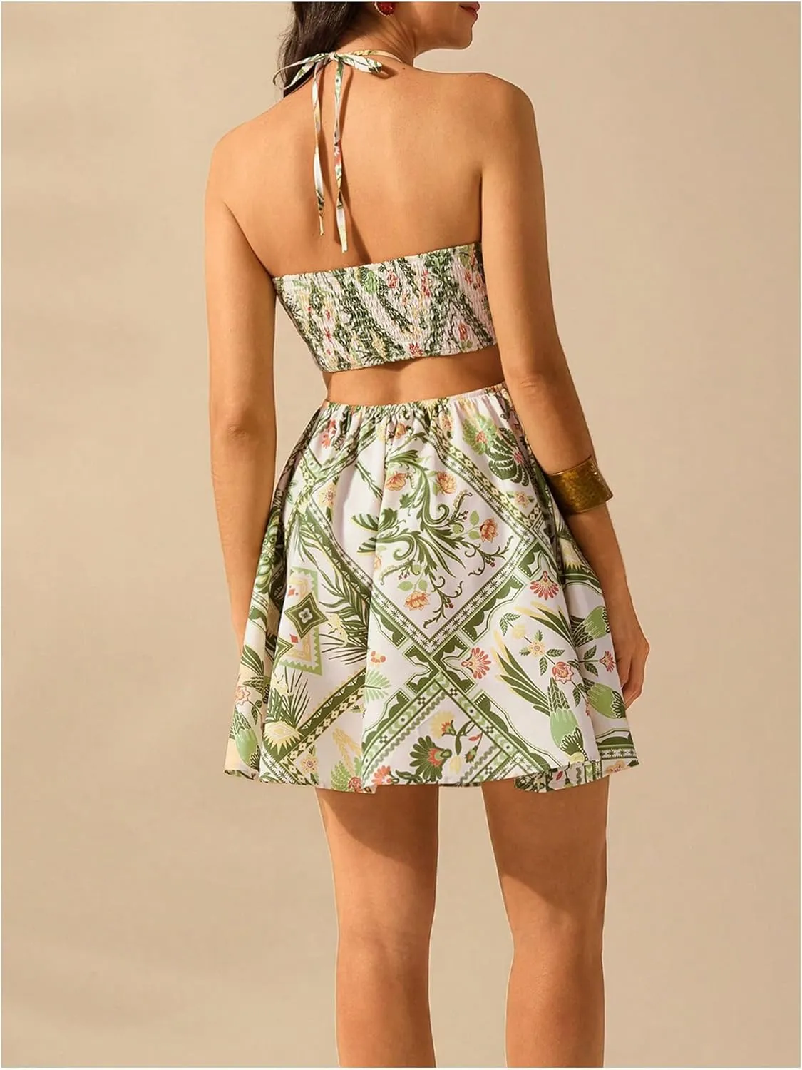 MakeMeChic Women's Summer Tropical Print Mini Dress Sundress 2025 Halter Backless Cut Out Short Dresses
