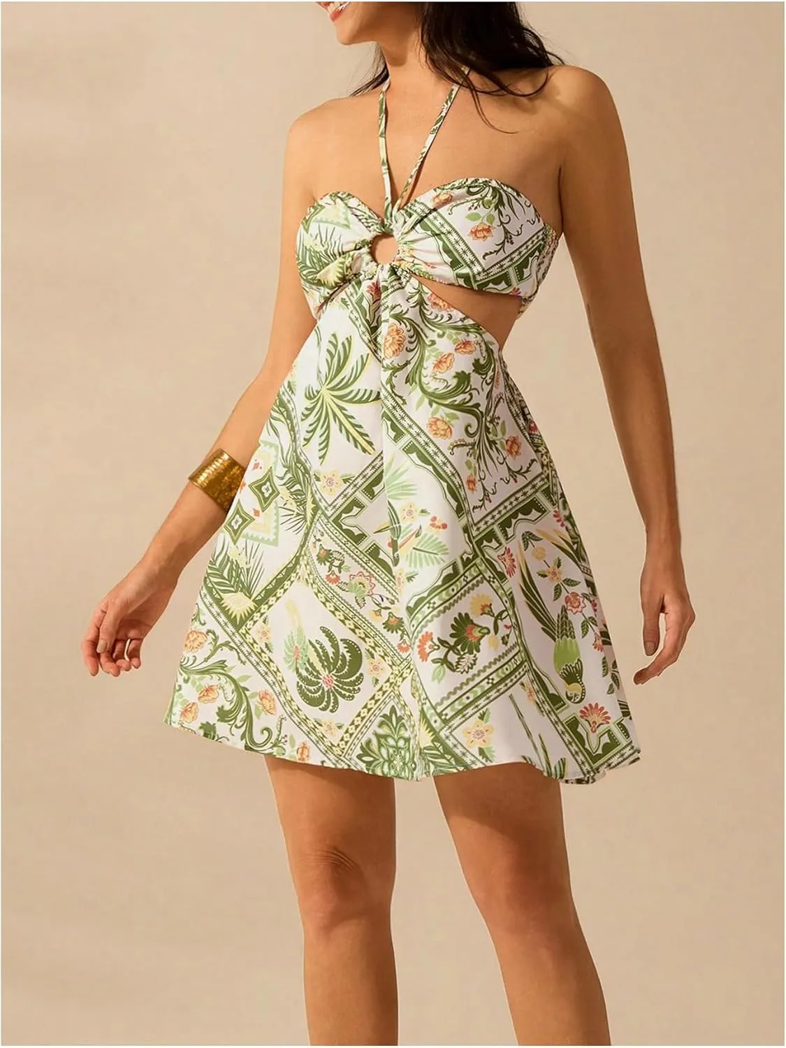 MakeMeChic Women's Summer Tropical Print Mini Dress Sundress 2025 Halter Backless Cut Out Short Dresses