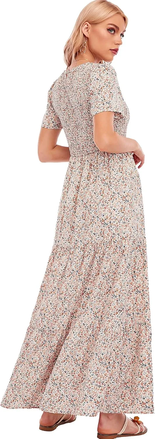 MANAIXUAN Women's Summer Casual Floral Print Party Maxi Dresses Short Sleeve A Line Long Tiered Sun Dress