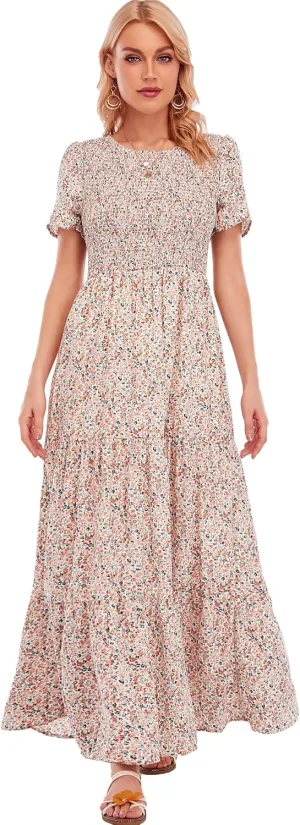 MANAIXUAN Women's Summer Casual Floral Print Party Maxi Dresses Short Sleeve A Line Long Tiered Sun Dress