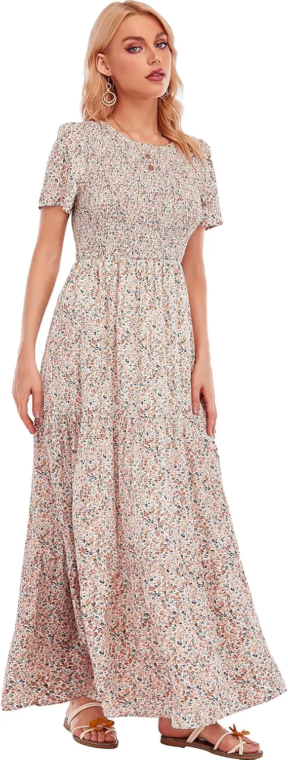MANAIXUAN Women's Summer Casual Floral Print Party Maxi Dresses Short Sleeve A Line Long Tiered Sun Dress