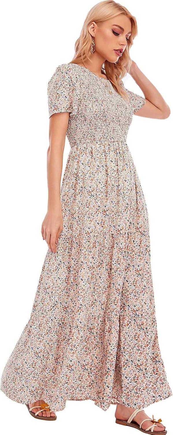 MANAIXUAN Women's Summer Casual Floral Print Party Maxi Dresses Short Sleeve A Line Long Tiered Sun Dress