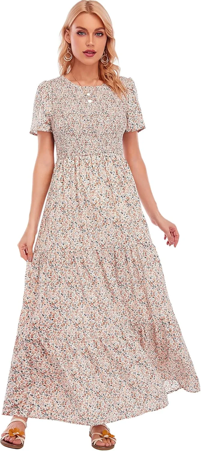MANAIXUAN Women's Summer Casual Floral Print Party Maxi Dresses Short Sleeve A Line Long Tiered Sun Dress