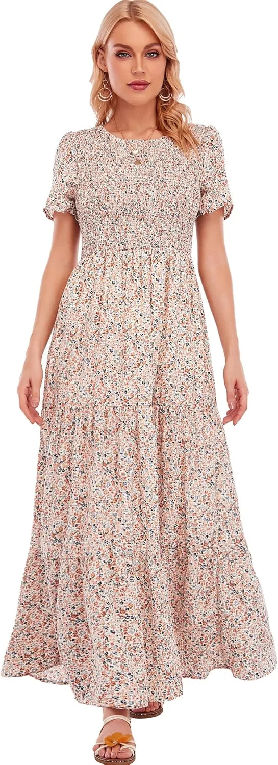 MANAIXUAN Women's Summer Casual Floral Print Party Maxi Dresses Short Sleeve A Line Long Tiered Sun Dress