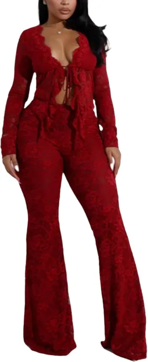 Mandonce 2 Piece Sets for Women Lace Strap Cutout Cardigan and Lace High Waisted Flared Pants Matching Set Sexy Club Outfit