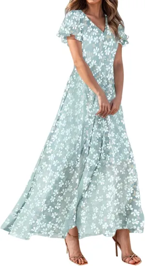 Maxi Dresses for Women 2025 Plus Size Chiffon Ruffle Flowy Swing Floral Dress Short Sleeve A Line Frocks