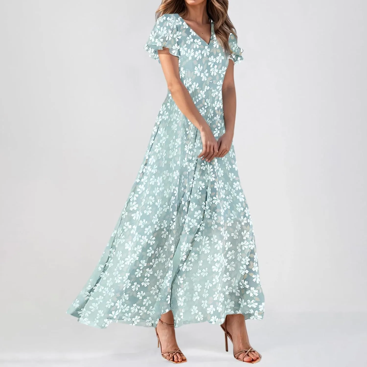 Maxi Dresses for Women 2025 Plus Size Chiffon Ruffle Flowy Swing Floral Dress Short Sleeve A Line Frocks
