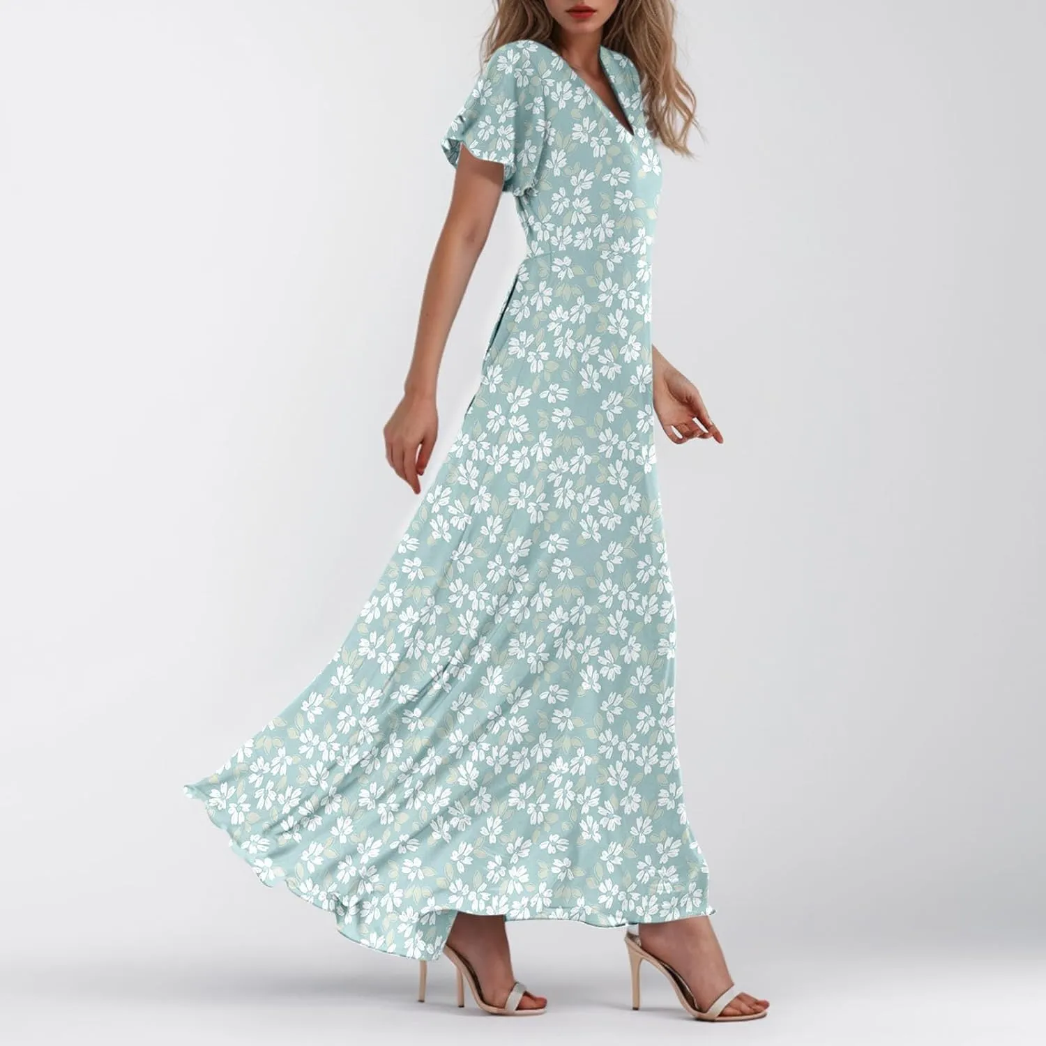 Maxi Dresses for Women 2025 Plus Size Chiffon Ruffle Flowy Swing Floral Dress Short Sleeve A Line Frocks