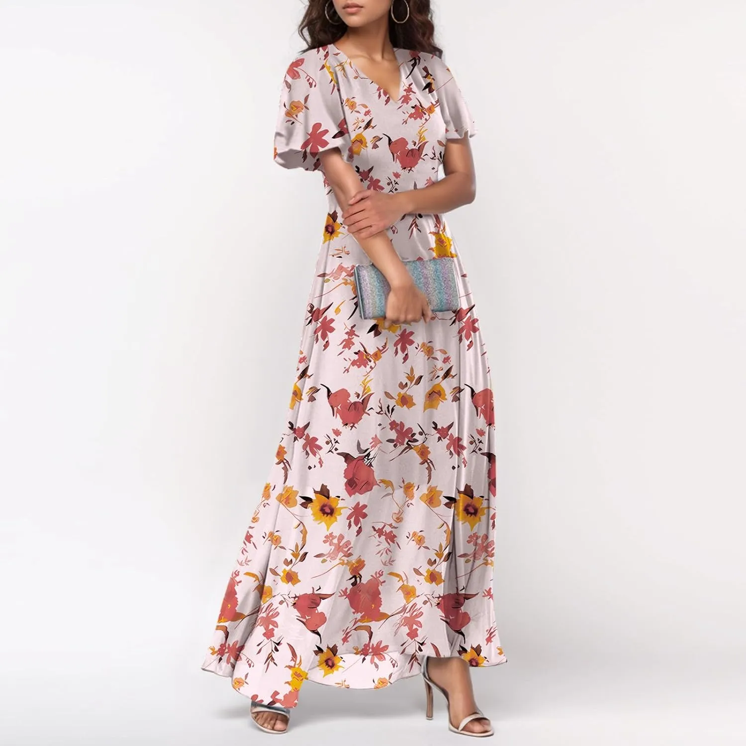 Maxi Dresses for Women 2025 Plus Size Chiffon Ruffle Flowy Swing Floral Dress Short Sleeve A Line Frocks