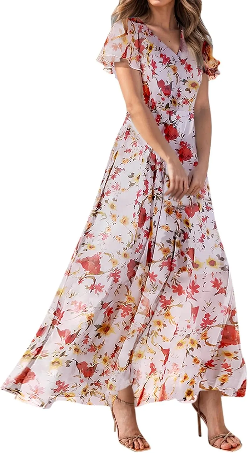 Maxi Dresses for Women 2025 Plus Size Chiffon Ruffle Flowy Swing Floral Dress Short Sleeve A Line Frocks