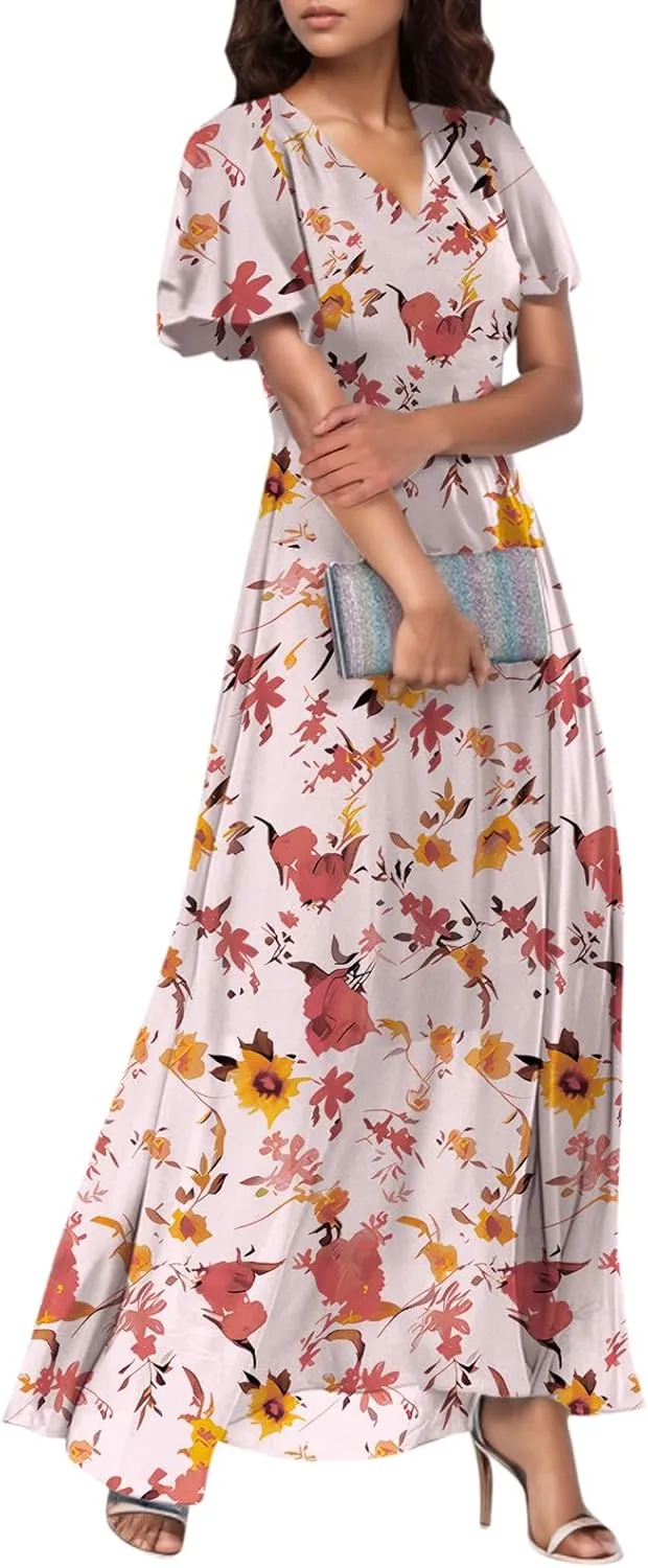 Maxi Dresses for Women 2025 Plus Size Chiffon Ruffle Flowy Swing Floral Dress Short Sleeve A Line Frocks