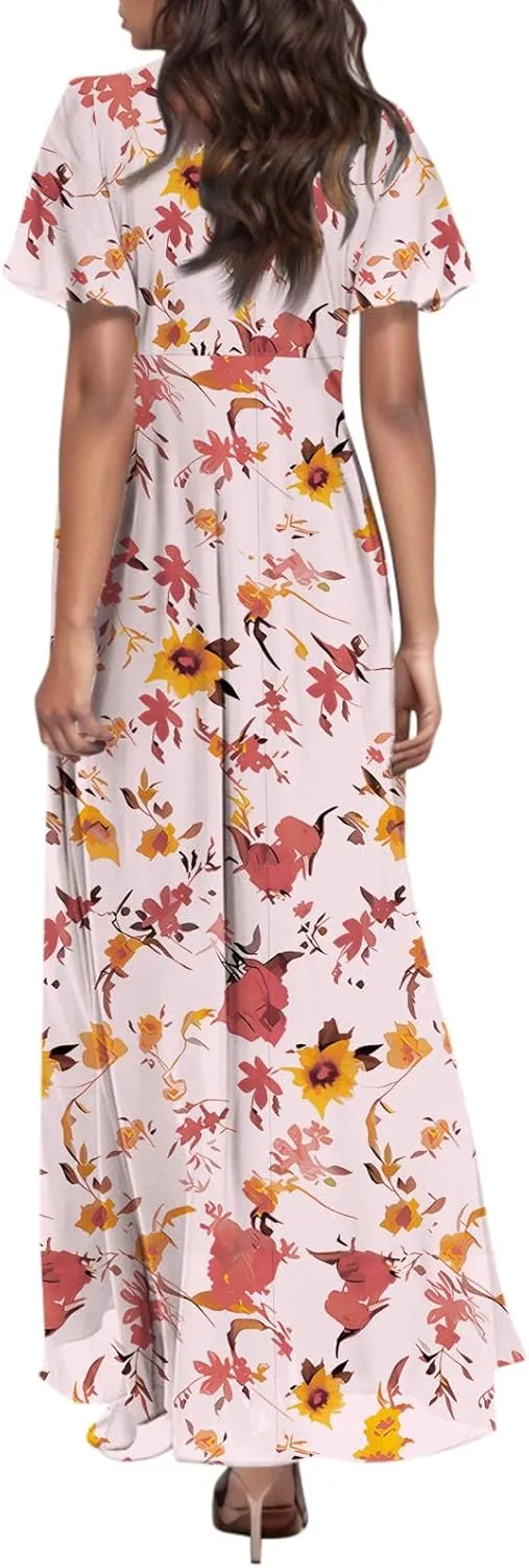 Maxi Dresses for Women 2025 Plus Size Chiffon Ruffle Flowy Swing Floral Dress Short Sleeve A Line Frocks