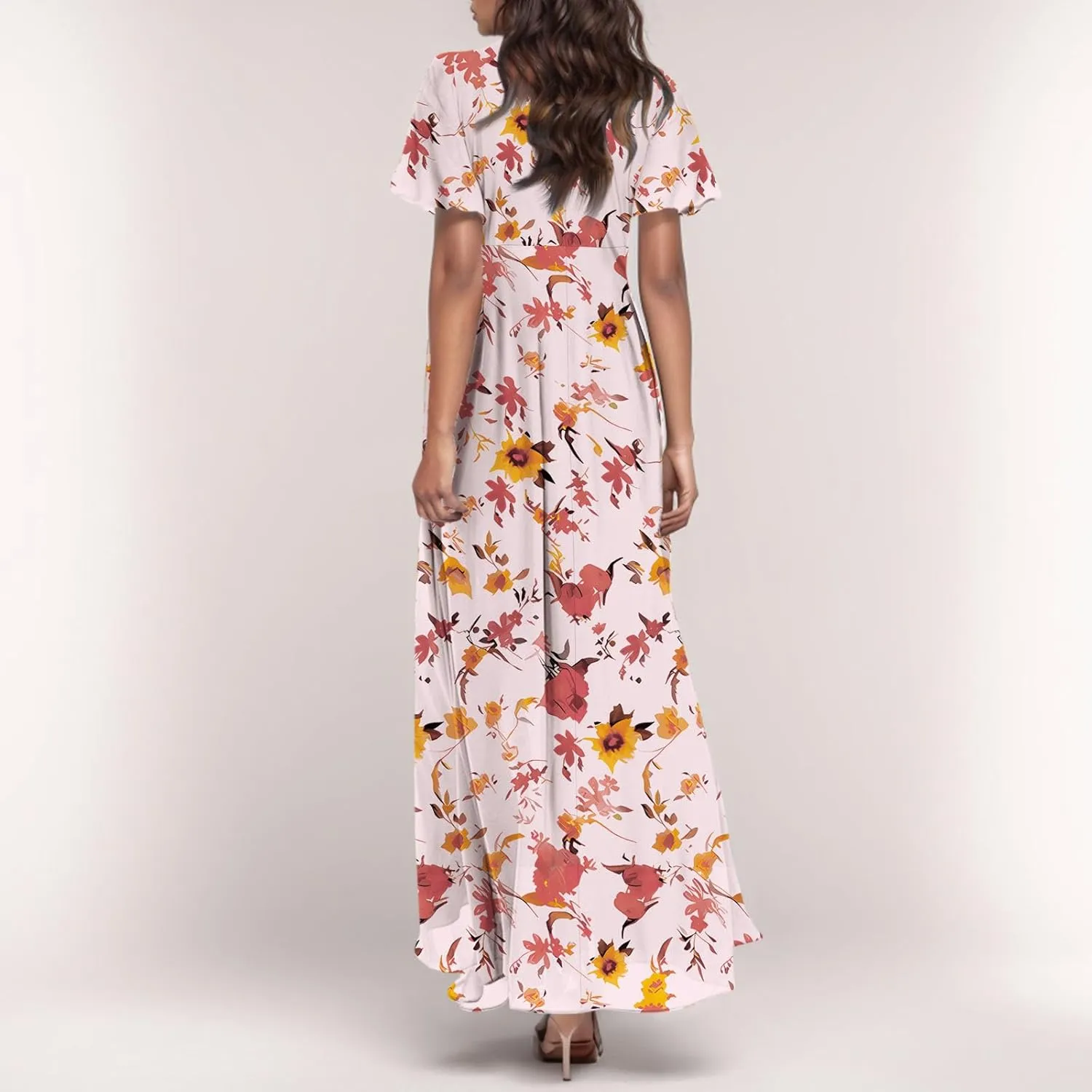 Maxi Dresses for Women 2025 Plus Size Chiffon Ruffle Flowy Swing Floral Dress Short Sleeve A Line Frocks