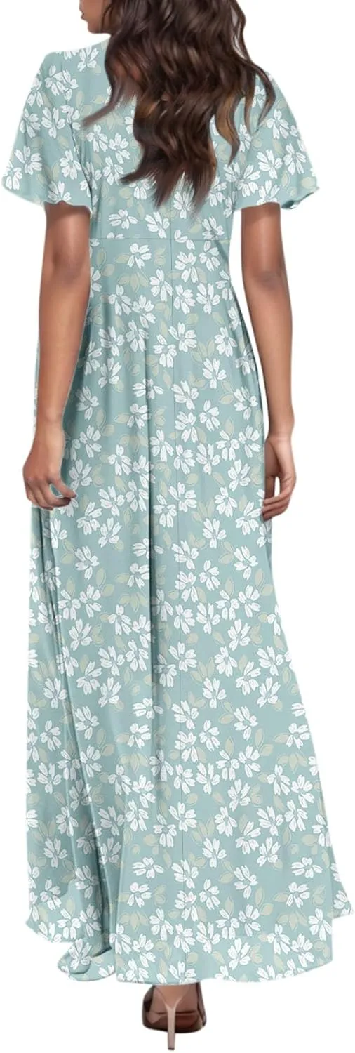 Maxi Dresses for Women 2025 Plus Size Chiffon Ruffle Flowy Swing Floral Dress Short Sleeve A Line Frocks
