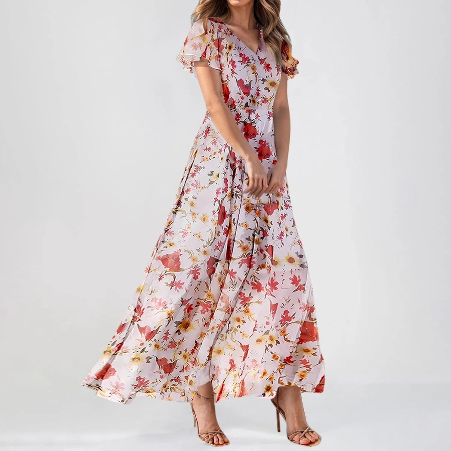 Maxi Dresses for Women 2025 Plus Size Chiffon Ruffle Flowy Swing Floral Dress Short Sleeve A Line Frocks