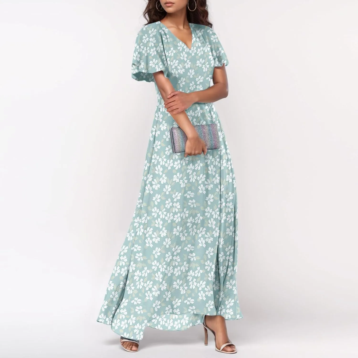 Maxi Dresses for Women 2025 Plus Size Chiffon Ruffle Flowy Swing Floral Dress Short Sleeve A Line Frocks