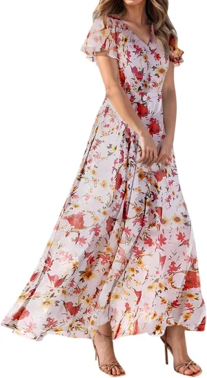 Maxi Dresses for Women 2025 Plus Size Chiffon Ruffle Flowy Swing Floral Dress Short Sleeve A Line Frocks