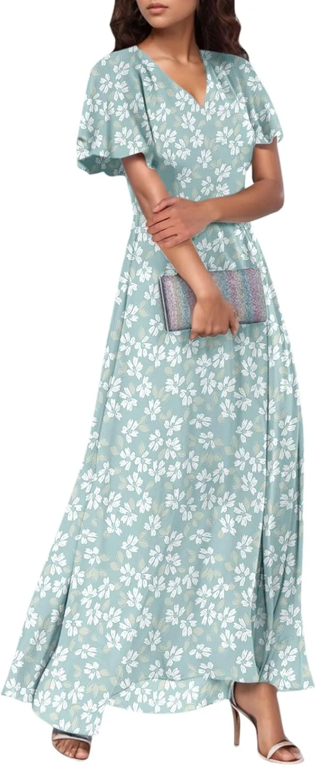 Maxi Dresses for Women 2025 Plus Size Chiffon Ruffle Flowy Swing Floral Dress Short Sleeve A Line Frocks