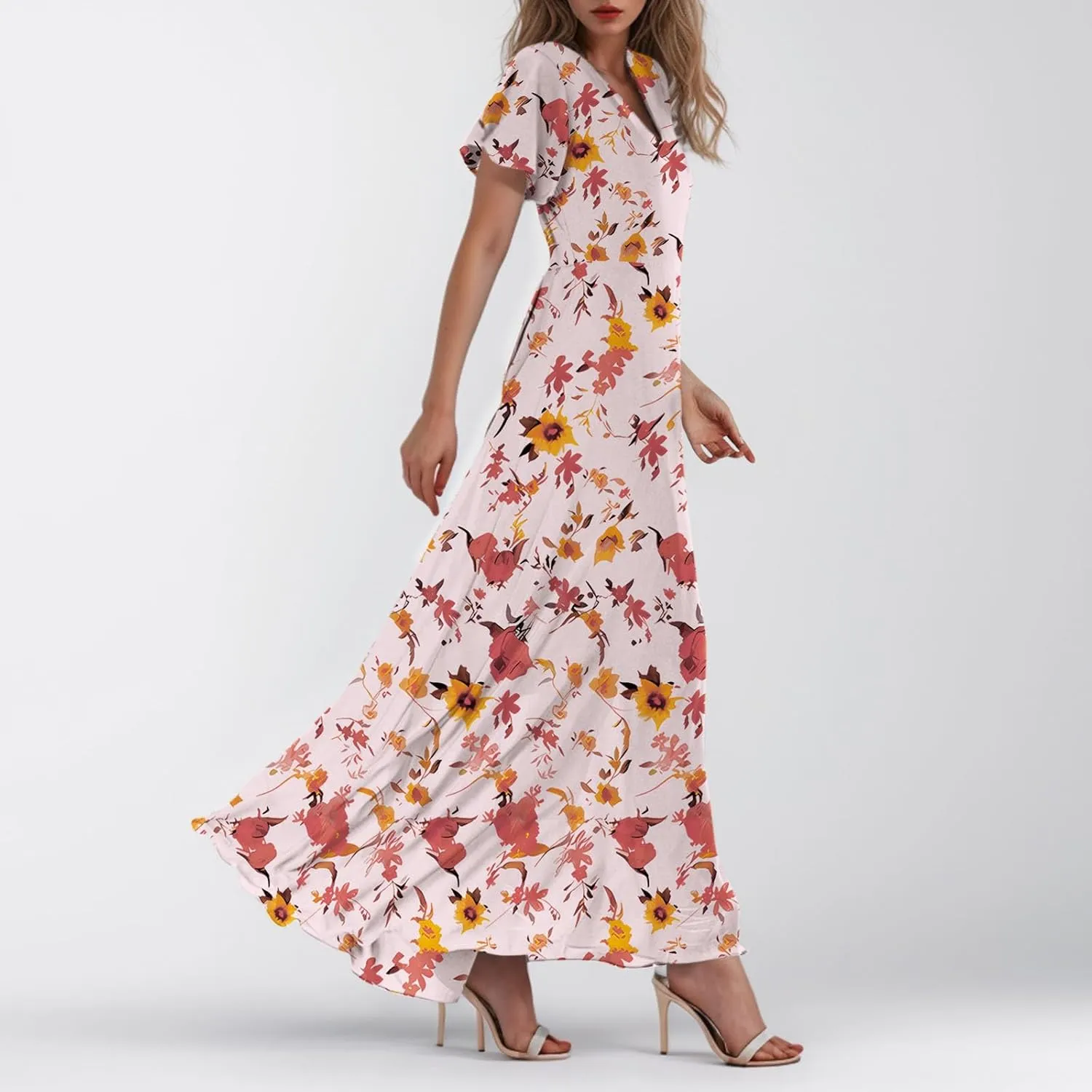 Maxi Dresses for Women 2025 Plus Size Chiffon Ruffle Flowy Swing Floral Dress Short Sleeve A Line Frocks