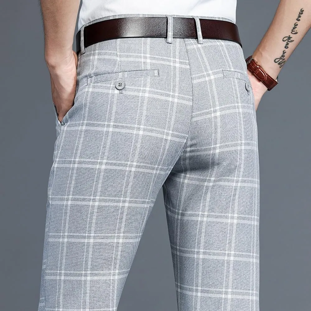 Mens Casual Plaid Pants Fashion Retro Tapered Stretch Pants Slim Fit Business Dress Chino Pants