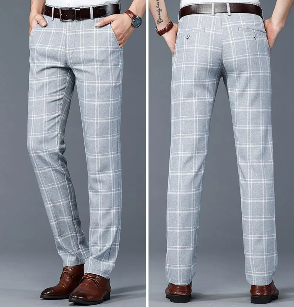 Mens Casual Plaid Pants Fashion Retro Tapered Stretch Pants Slim Fit Business Dress Chino Pants