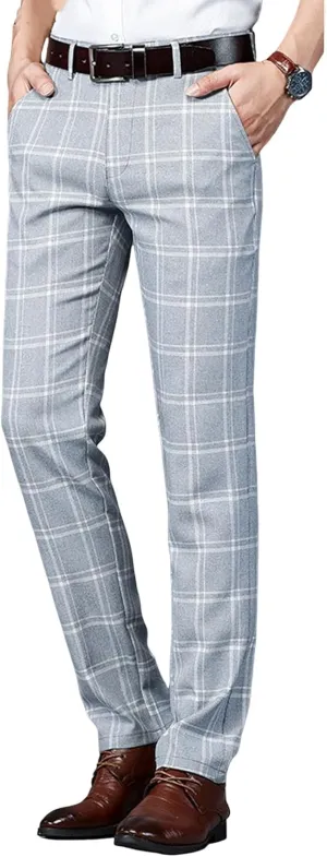 Mens Casual Plaid Pants Fashion Retro Tapered Stretch Pants Slim Fit Business Dress Chino Pants
