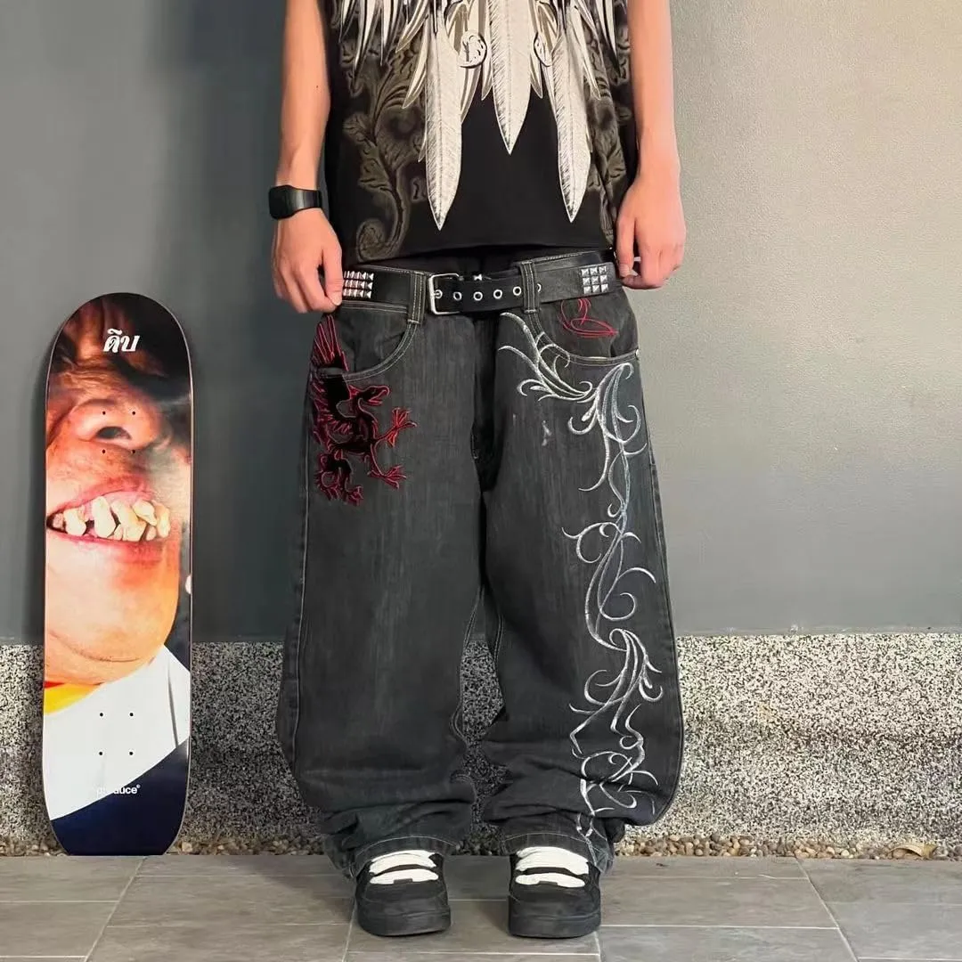 Men's Jeans with Gothic Embroidered Print, Loose Wide Leg Casual Straight Leg Versatile Wide Leg Pants