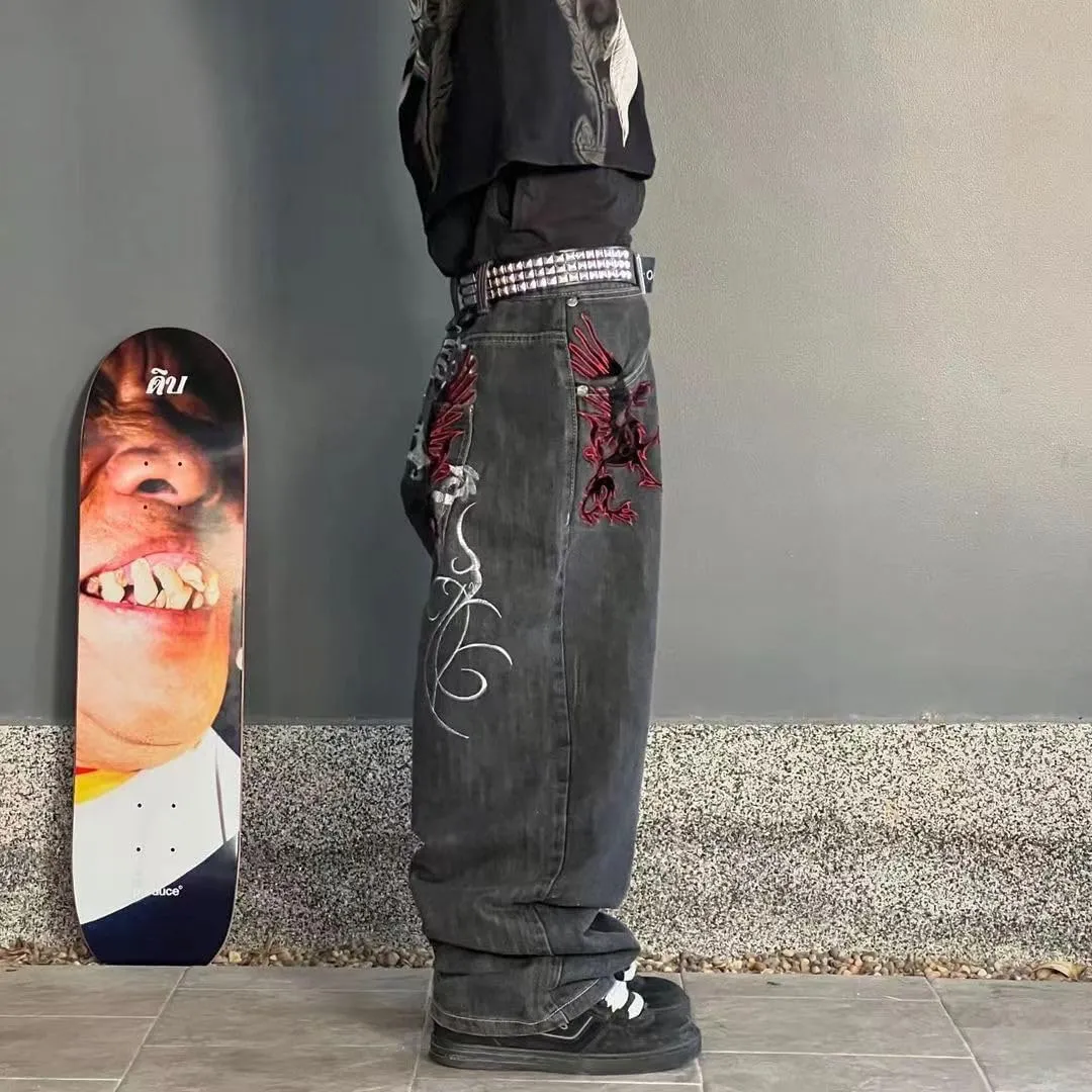 Men's Jeans with Gothic Embroidered Print, Loose Wide Leg Casual Straight Leg Versatile Wide Leg Pants