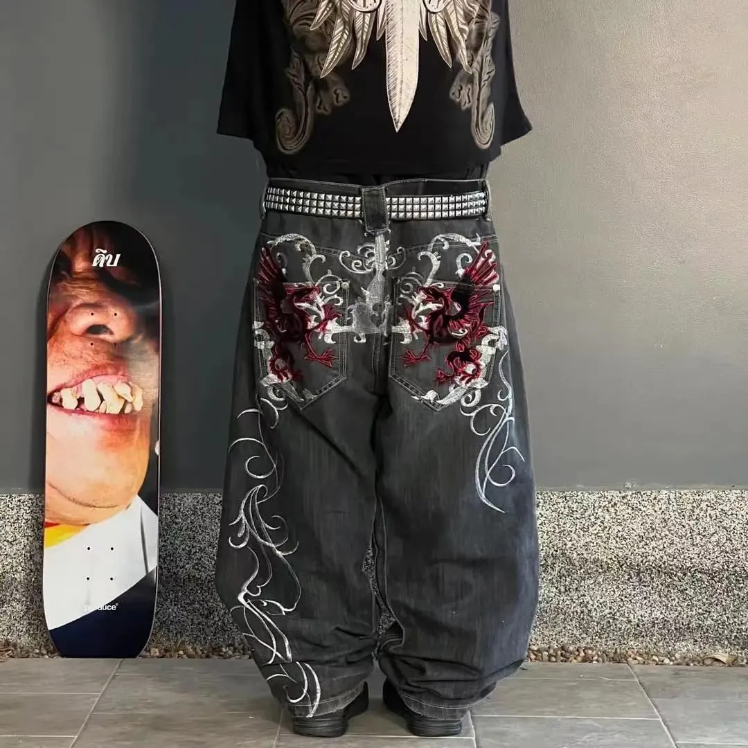 Men's Jeans with Gothic Embroidered Print, Loose Wide Leg Casual Straight Leg Versatile Wide Leg Pants
