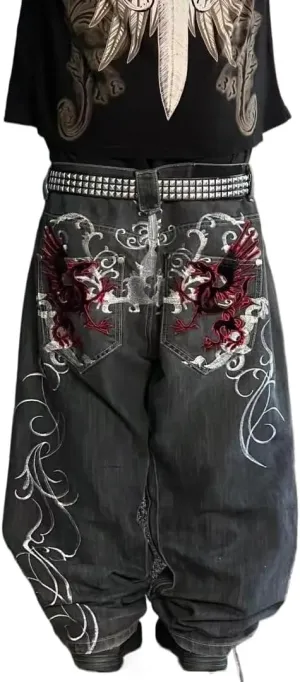 Men's Jeans with Gothic Embroidered Print, Loose Wide Leg Casual Straight Leg Versatile Wide Leg Pants